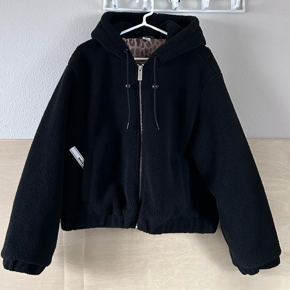 PINK Victoria’s Secret Plush Teddy Hooded Bomber Jacket Black Size XL - Picture 2 of 16